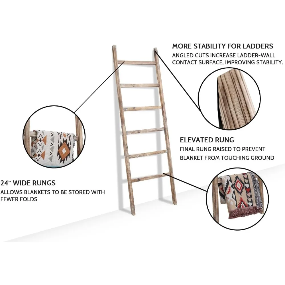 Escalera de manta de madera de 6,4 pies de ancho para sala de estar, exhibición de edredón estilo granja y soporte para toallas de madera rústica