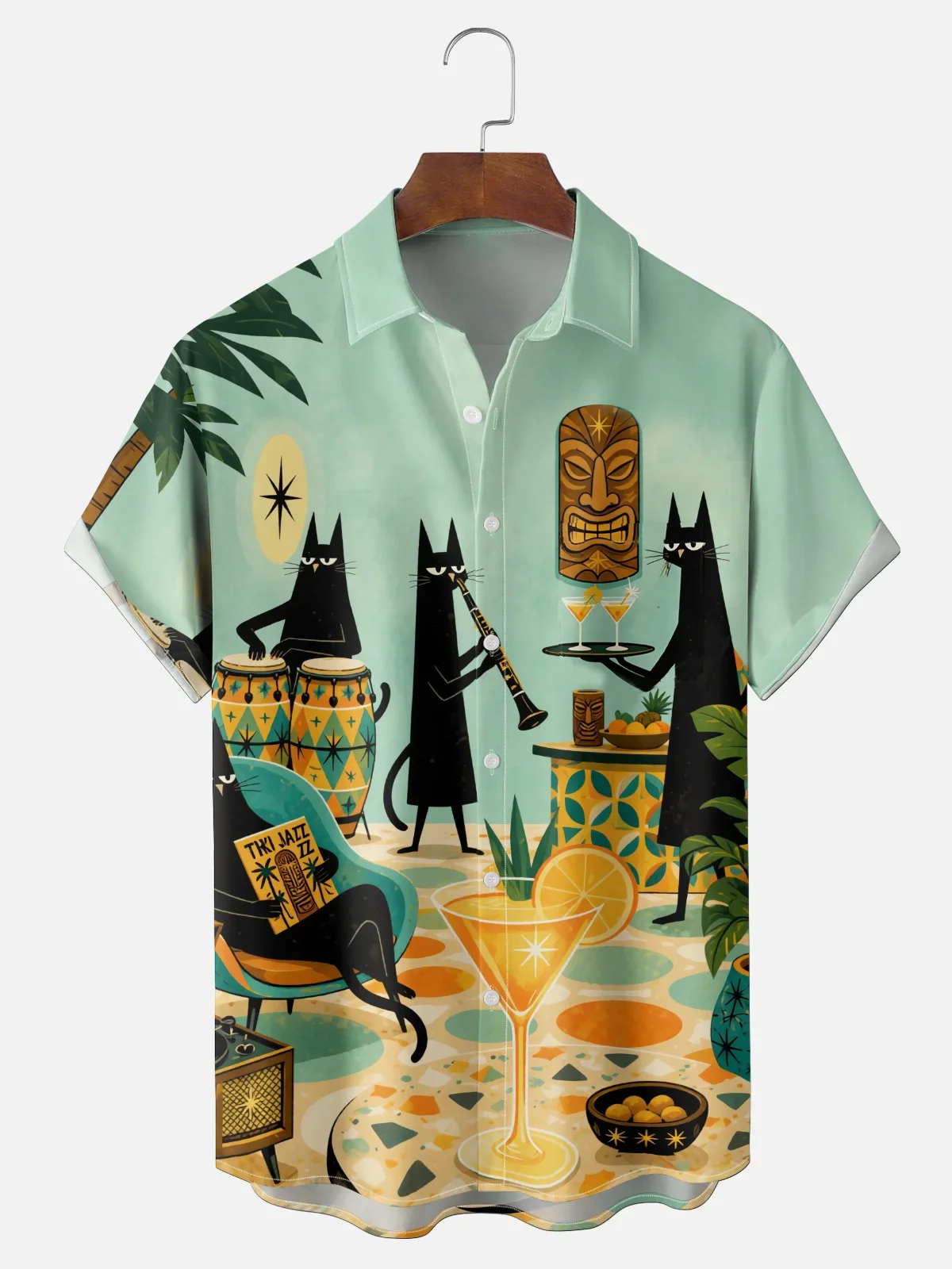 New Men's Moisture-Wicking Fun Tiki Cocktail Cat and Screaming Rooster Hawaiian Shirt Fashion Casual Short-Sleeve Cardigan Top