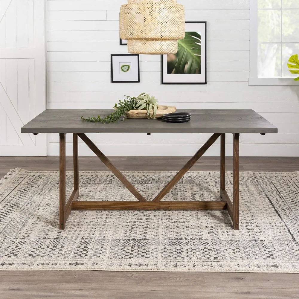 Modern Farmhouse Small Kitchen Furniture Dining Room Table Wood, 72 Inch, Grey and Brown