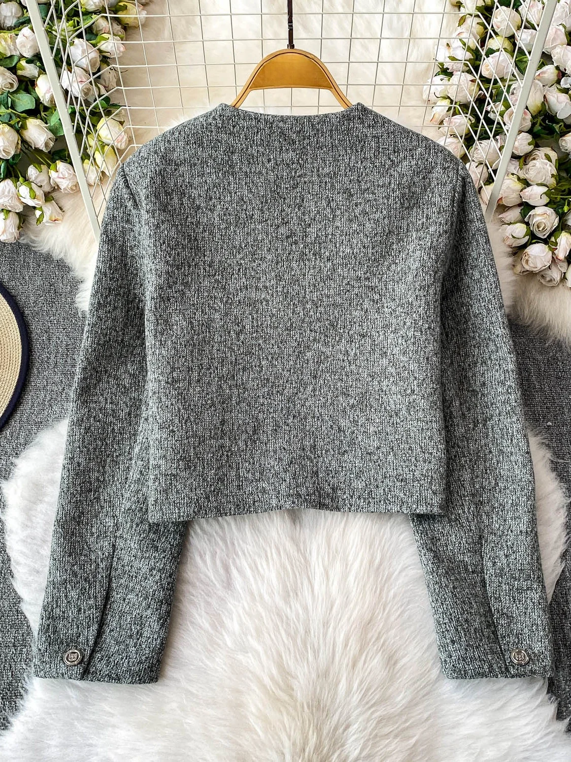 우아한 숏 코트 여성용 긴팔 두꺼운 트위드 라운드넥 버튼 탑 출퇴근룩 루즈핏 따뜻한 젊은 감각 가을 겨울