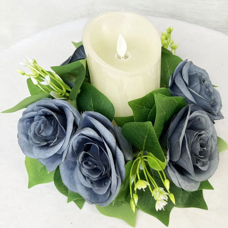 25CM Candle Decoration Holder Ring Artificial Rose Wreath Elegant Table Decoration Accessories for Home Dinner Party Wedding