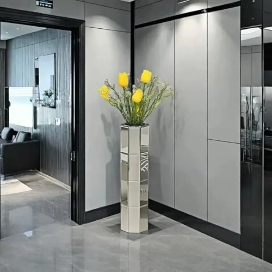 Floor vase for home decor mirrored glass silver modern octagonal centerpiece for living room and office 7.1L x 7.1W x 28H