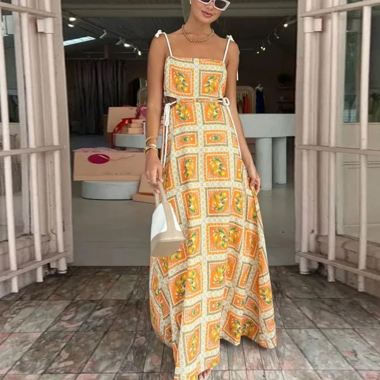 Women Sleeveless Backless Flowy Cami Long Dresses Adjustable Straps Lacing-up Dress Waist Cut-out Orange Print Square Neck Dress