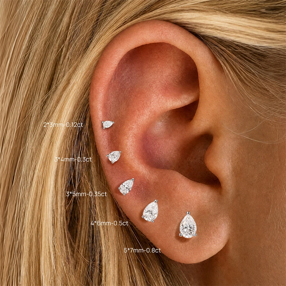 CANNER 1 Stück D-farbener birnenförmiger Moissanit-Ohrstecker mit flacher Rückseite für Damen, 925er Sterlingsilber, funkelnder Ohrschmuck – Detail 6