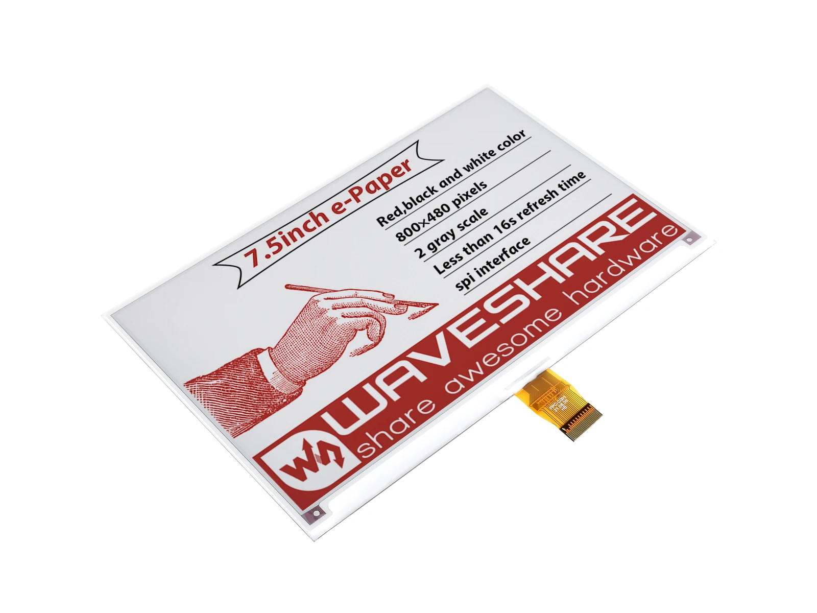 Waveshare 7.5inch e-Paper (B) E-ink raw Display Red Black White Three-color, SPI, e-paper for Raspberry Pi 4B/3B/3B+/Zero/Zero W