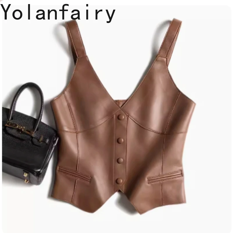YOLANFAIRY Echtes Leder Weste für Frauen Kleidung Frühling Schaffell Hosenträger Mantel Dünne Kurze Oberbekleidung Damen Leder Jacke