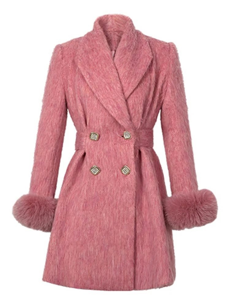 Elegancka kurtka imprezowa dla kobiet Celebrity Pink Woolen Coat Fur Long Sleeve Pleated Tops Female Clothes Sweet Office Lady Outwear