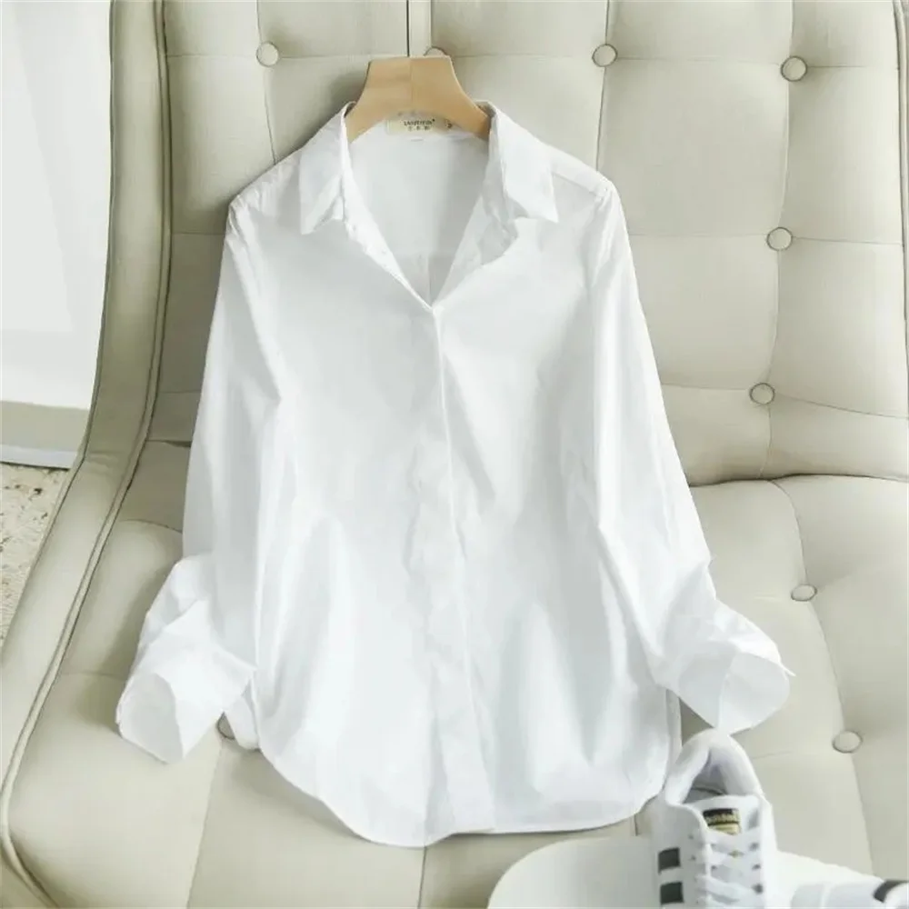 Spring and Summer Women's White Shirt Basic Korean Version Loose Casual Office Shirt Work Professional Top Solid Color