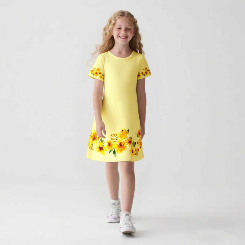 فستان أصفر 2025 فستان بأكمام قصيرة مع مطبوعات بنمط الأزهار #4