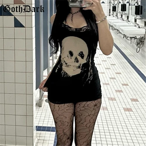 Goth-ropa de calle oscura con estampado de calavera de Anime, minivestido con tirantes, trajes de Club de punto de encaje de hadas, vestidos ajustados sexys, centro comercial gótico