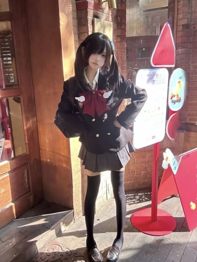 جديد الحلو Preppy نمط JK 2 قطعة مجموعة المرأة القوس معطف أسود + تنورة صغيرة مطوي اليابانية موضة ريترو سليم البدلة الخريف الشتاء #5