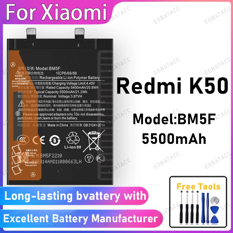 

100% New 5500mAh BM5F Battery For XIAOMI Redmi K50 Battery Replacement Bateria+Free Tools