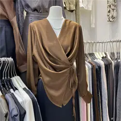 Korean New Women Autumn Temperament Vintage Trend All-match Frenulum V-neck Loose Fold Long Sleeved Irregular Lacing Shirt