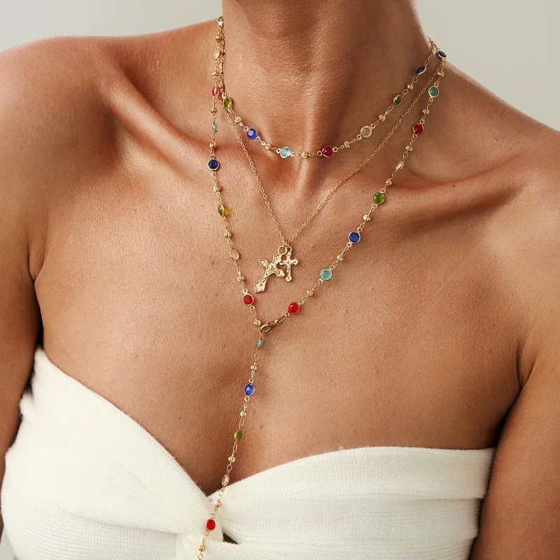 

Unique Cross Pendant Necklace For Women Colorful Beads & Religious Crucifix Layered Necklaces Y-Shaped Necklace Y2k Jewelry 2025