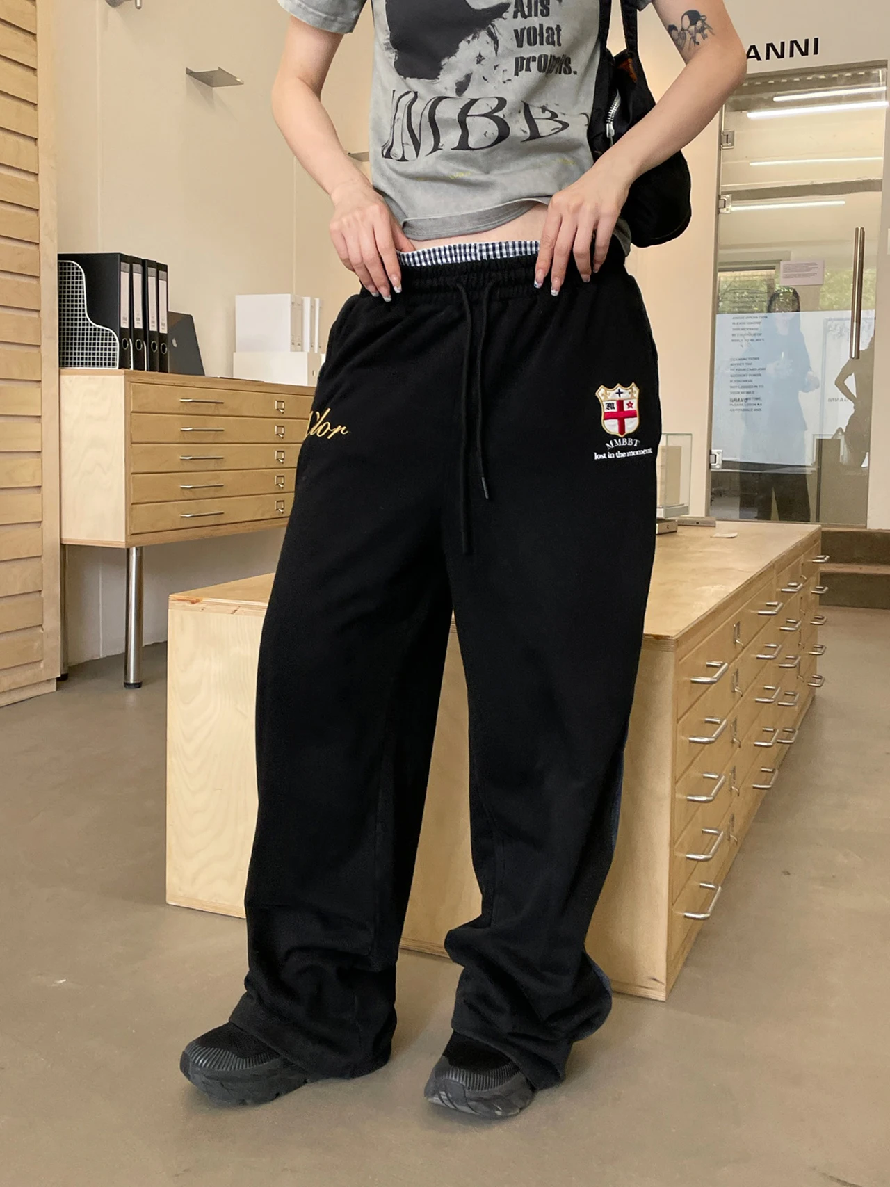 MMBBT Original Embroidered Casual Pants Women's New Heavyweight Cuffed Elastic Waist Washed Vintage Loose Sweatpants