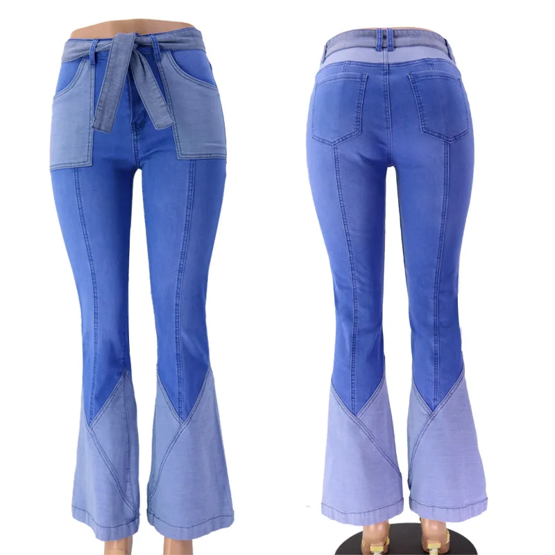 

High Waist Bell Bottom Jeans with Belted Two-Tone Design Retro Style Women's Fashion European Quality Denim Trousers