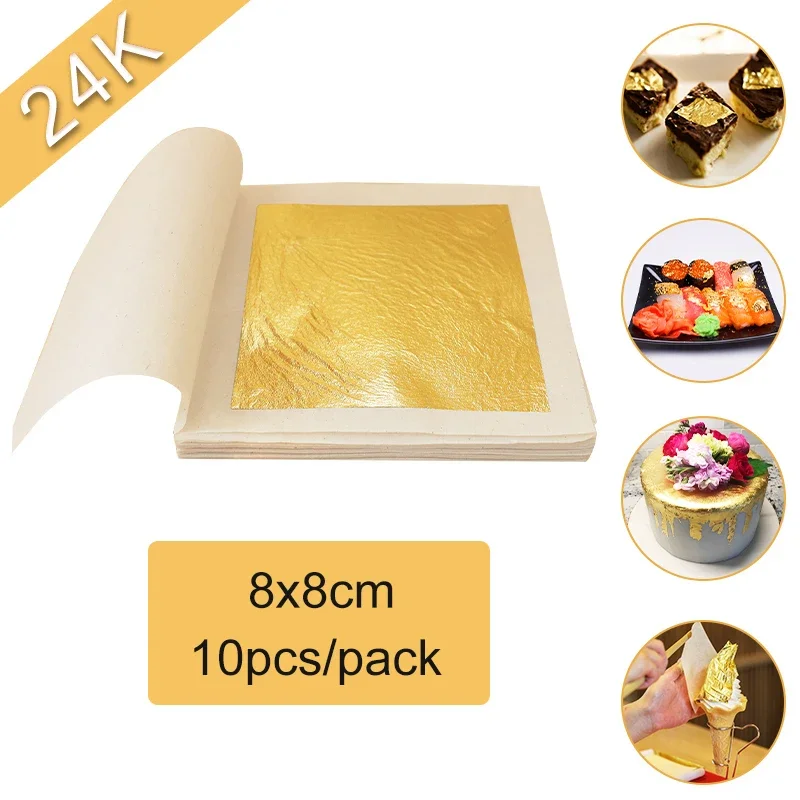 Gold Leaf Sheets Pure Gold Leaf Real Gold Foil 10pcs 8x8cm for Cake Chocolate Decoration Facial Mask Art Crafts Paper Gilding