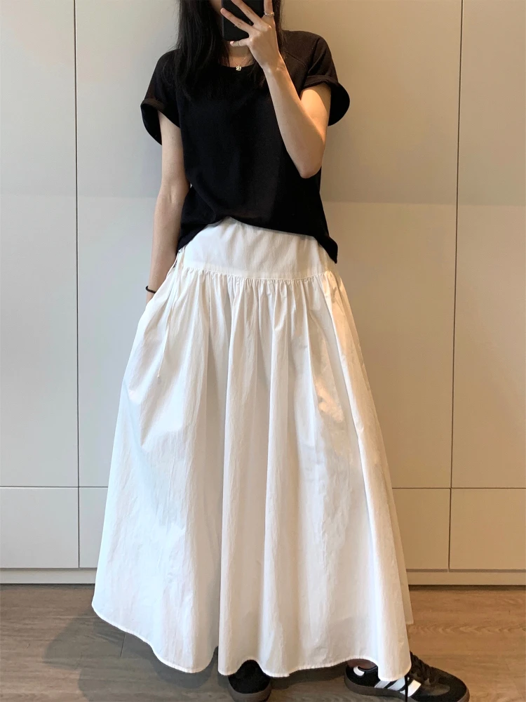 

White A-Line Pleated Skirt High Waist Dstring Midi Length Women's Summer Design Sensation Comfortable Breathable Cotton Ca...