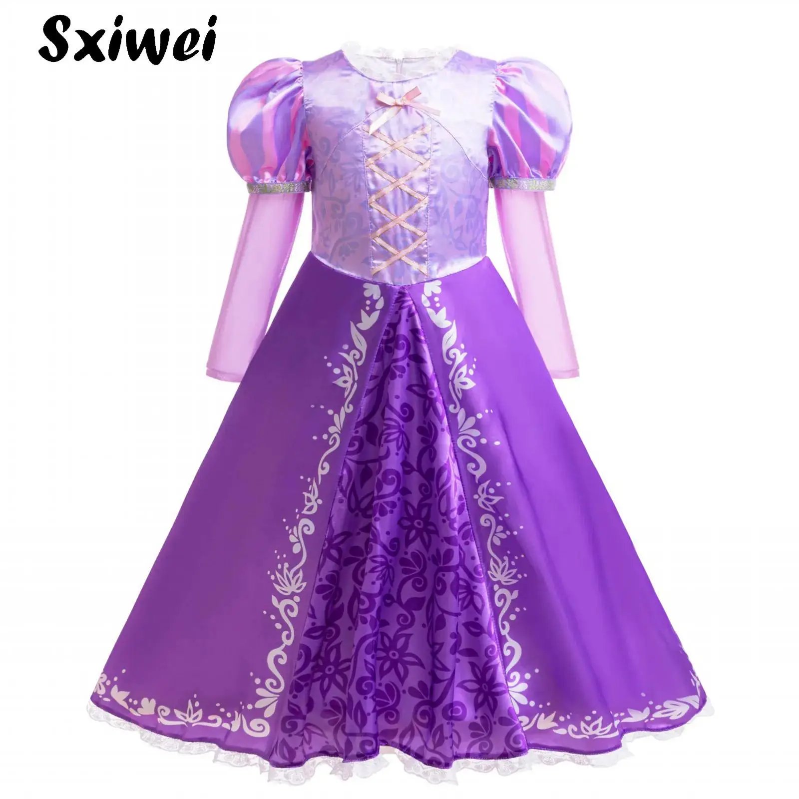 

Halloween Girls Long Hair Princess Dress Children Floral Print Lace Ruffle Criss Cross Corset Ball Gown Birthday Party Dress Up