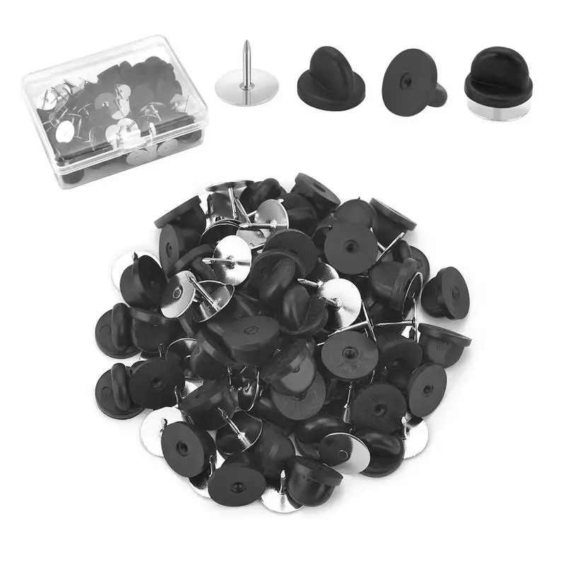 100Pcs/box New Black PVC Rubber Brooch Pin Backs Comfort Fit Tie Tack Lapel Pin Brooch Backing Holder Clasps Jewelry Findings