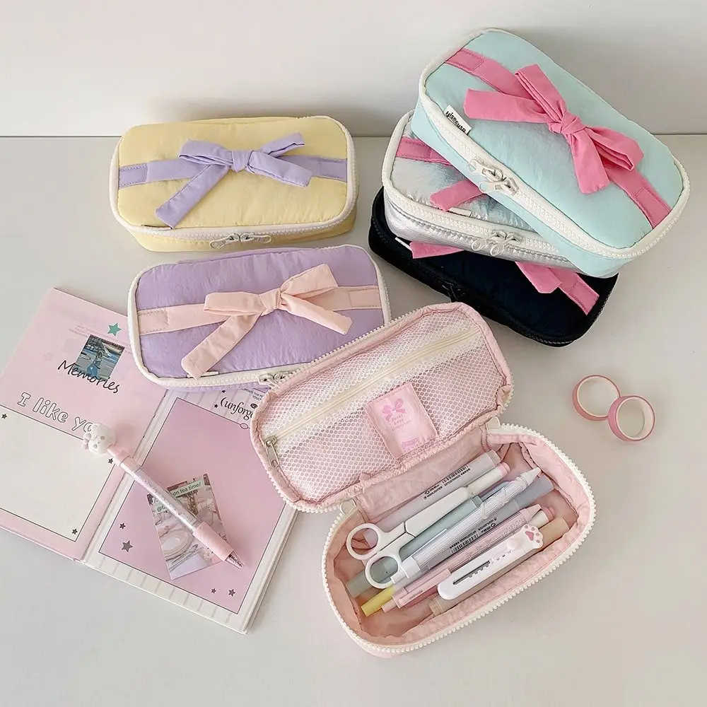 Multifunctional Bowknot Pencil Case Large Capacity Candy Colored Pen Bags Soft Stationery Storage Bag Student