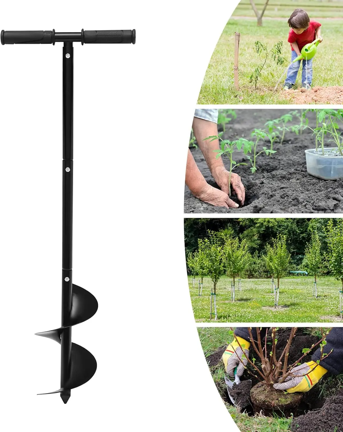 Manual Garden Auger Soil Loosener (15*85cm) - Cold-Rolled Steel&A3 Carbon Steel, Adjustable Height&Claw Gloves, for Planting