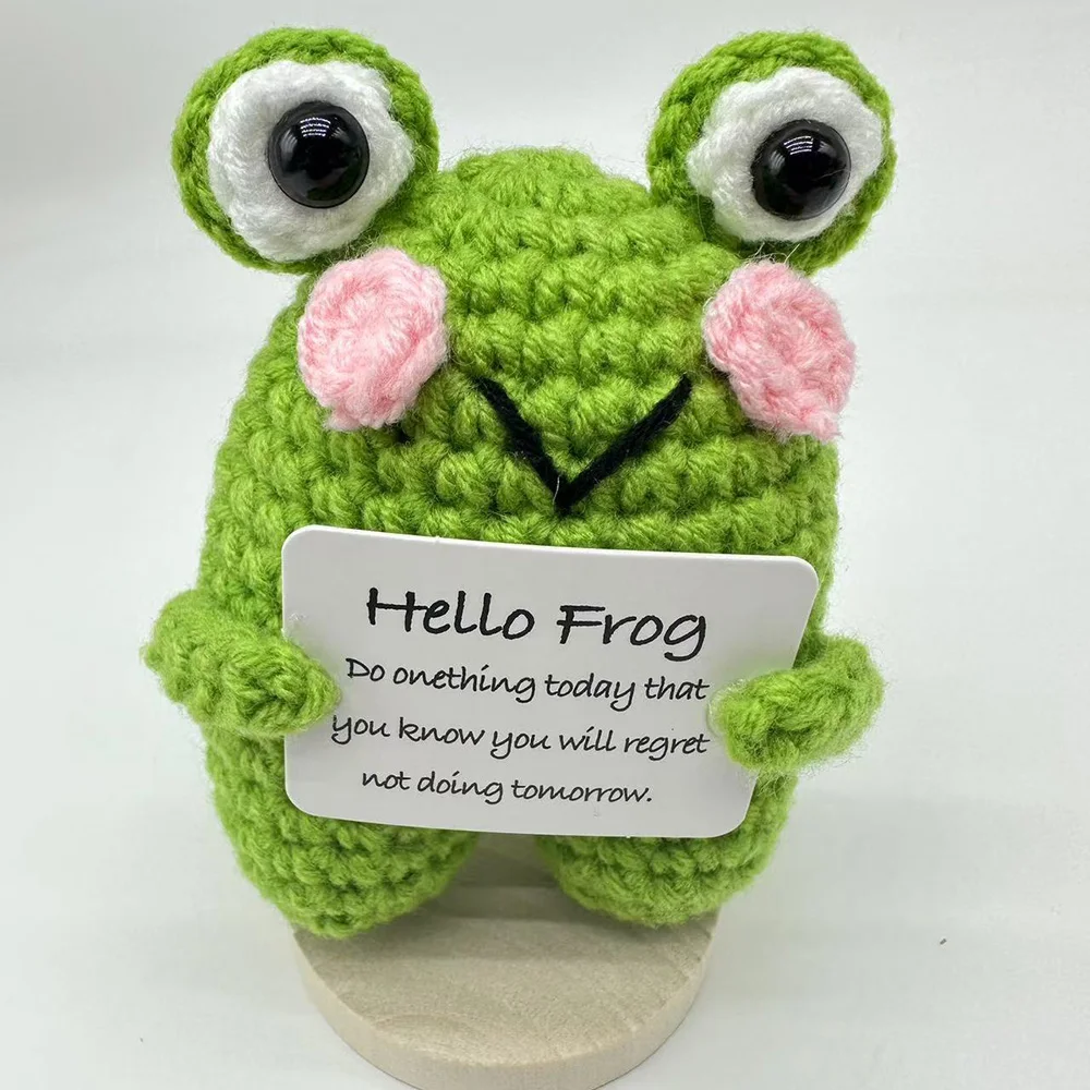 Cute Handwoven Knitted Positive Energy Frog Dolls With Card Funny Crochet Emotional Support Animal Frog Desktop Ornament Gifts
