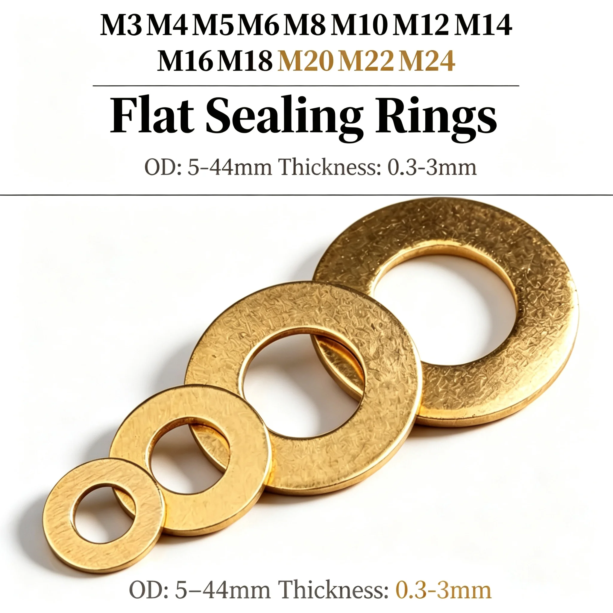 500PCS Brass Flat Washer M3 M4 M5 M6 M8 M10 M12 M14 M16 M18M20 Solid Brass Washer Brass Spacer Washer OD: 5-44mm Length: 0.4-3mm