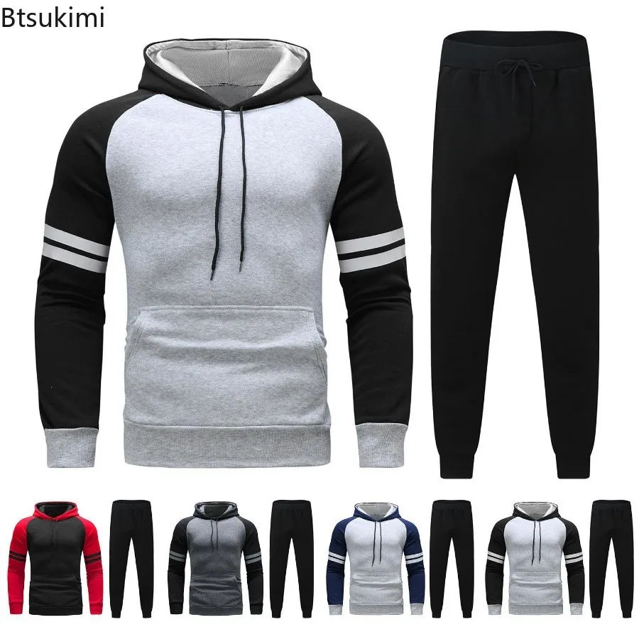 

2024 Autumn Winter Men's 2 Pieces Hooded Pullover+Pants Sets Colorblock Striped Thicker Hoodies Sweatshirt Outfit for Men Sets