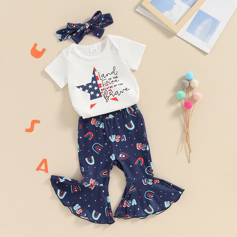 

Baby Girl 4th Of July Outfit Newborn Romper Bell Bottoms Set Fourth Of July Bodysuit Flare Pants Summer Clothes