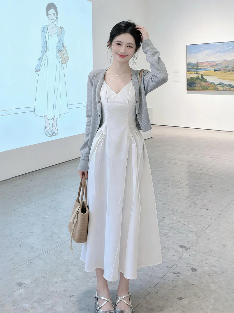 

Gray Knitted Open Cardigan And Strap Dress Set Elegant Spring New Arrival Comfortable Lightweight Casual Style for Teens
