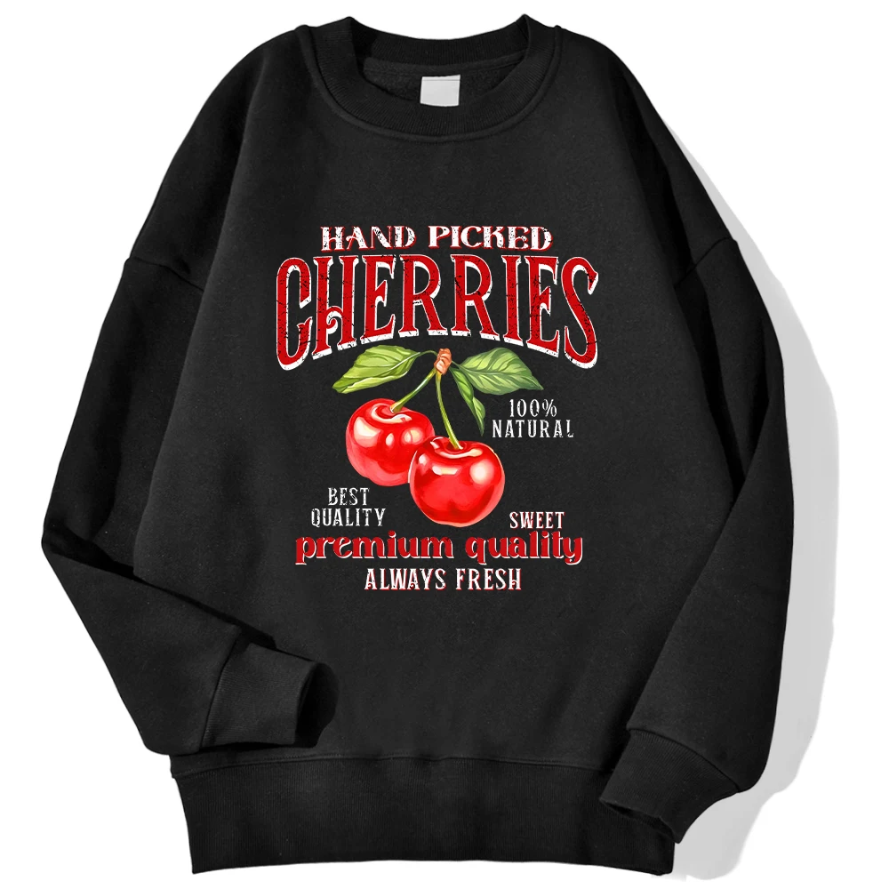 Casual Womans Pullover Hand Picked Cherries Printing Hoodie Soft Breathable Loose Crewneck Sweatshirt Autumn Winter Streetwear