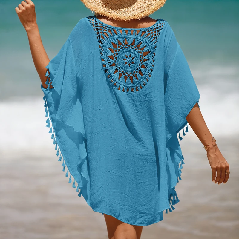 Wakacje Knitting szydełkowe krótkie okrycia plażowe sukienka łączenie jednokolorowe kostiumy kąpielowe małe frędzle krem ​​do opalania seksowna bluza plażowa — zdjęcie 3