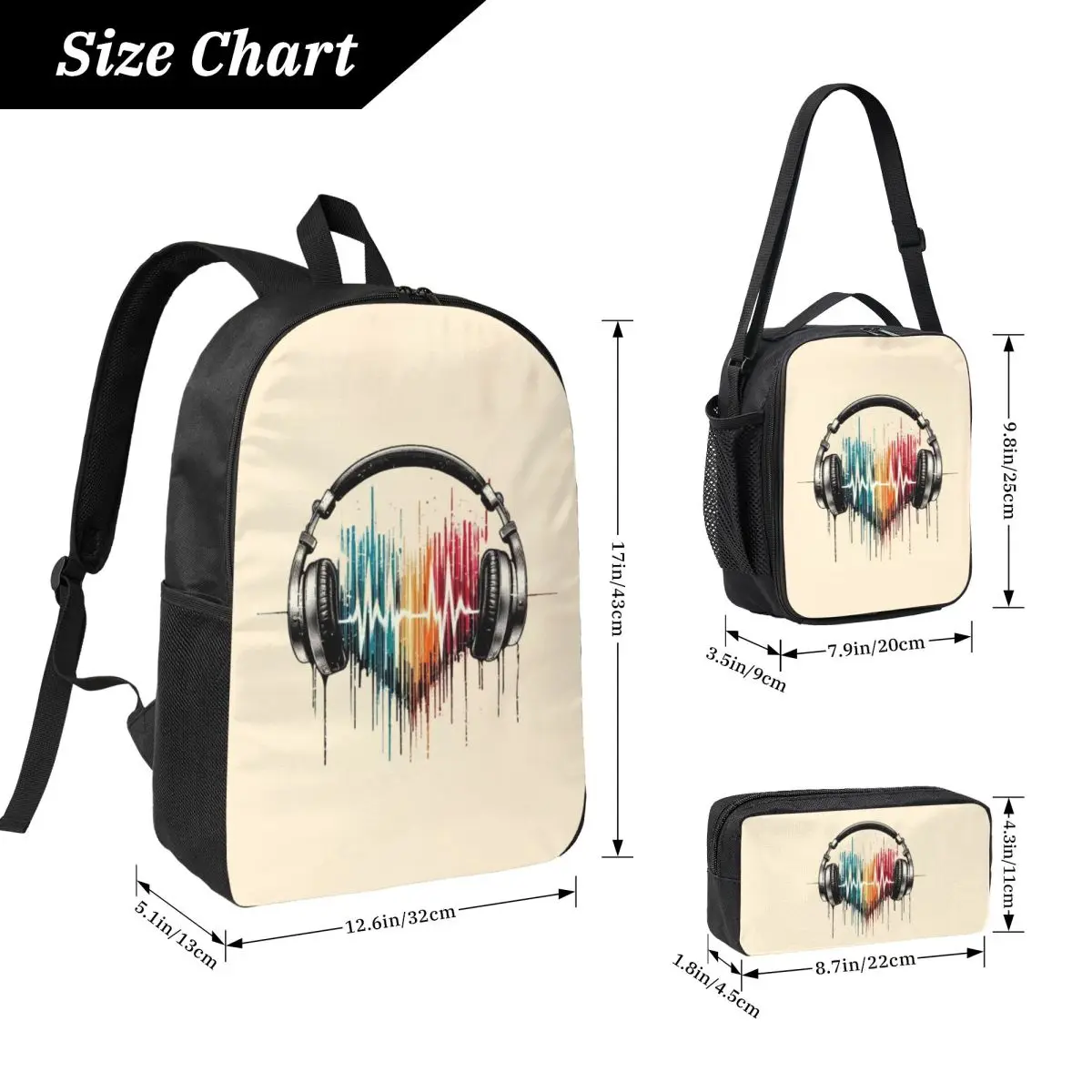 Heart Shaped Music Note With Headphones Backpack BookBag School Bag Laptop Shoulder Bags 3ps Insulated Lunch Bag Pencil Case