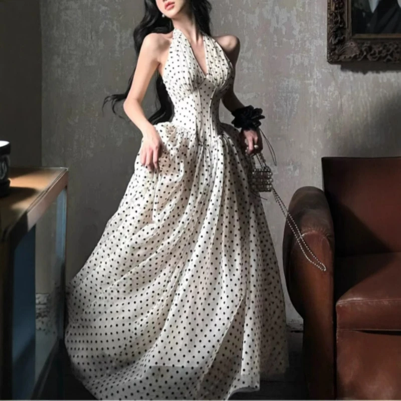 

Polka Dot Neck Dress Women's Spring New Fishbone V-neck Long Dress Temperament Waist Skirt Fashion and High Sense Comfortable