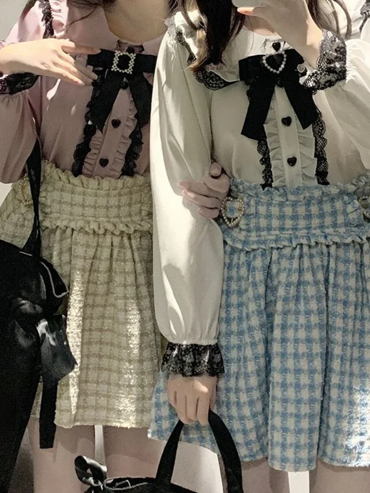 Chemises à manches longues Lolita pour femmes, chemisiers Sweet Lolita, mode japonaise Harajuku, nœud en dentelle, chemises Girly Kawaii, printemps,