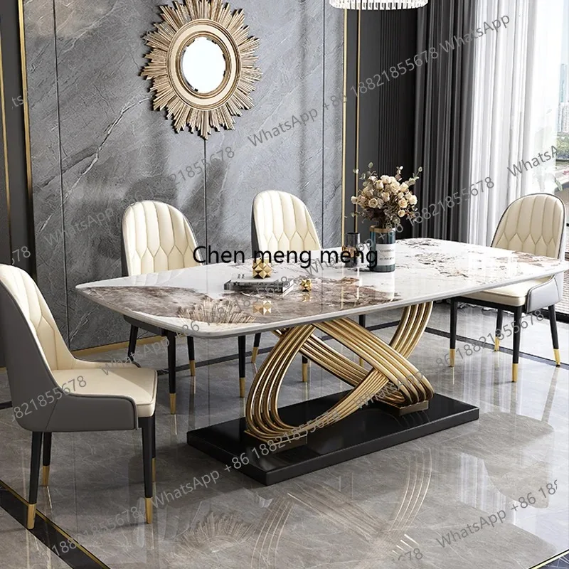 E136  Modern Unique Design Stainless Steel Dining Tables and Chairs Marble Rectangular Modern Dining Table Set