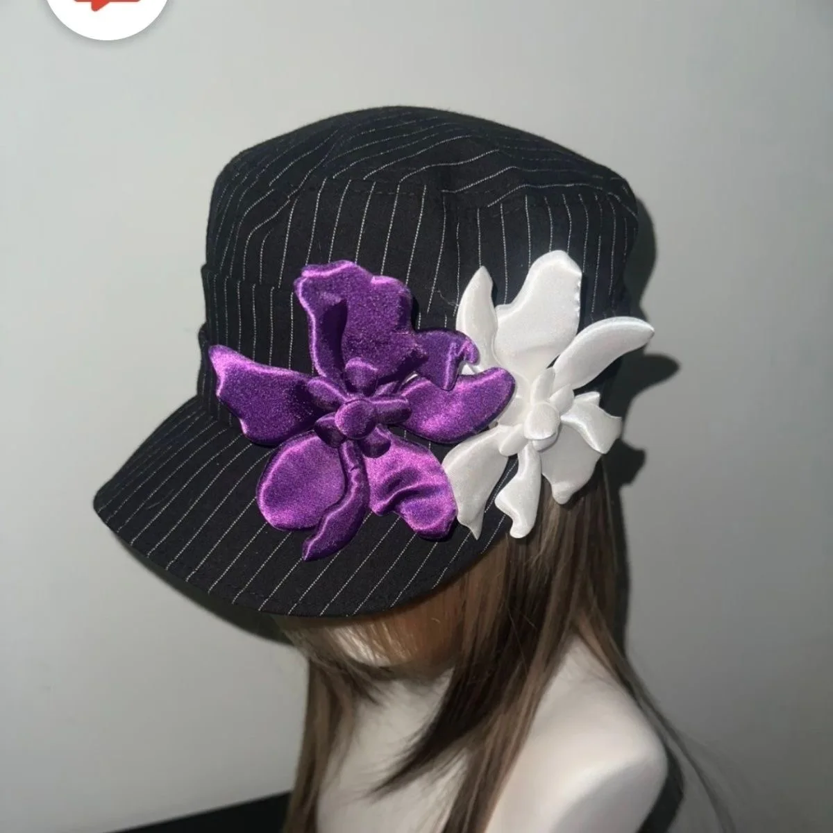 Yamamoto Style Japanese Style Retro Flat Top Hat Stripes Style Hat Black White Purple Magnolia Flower Fashion Girl Headwear