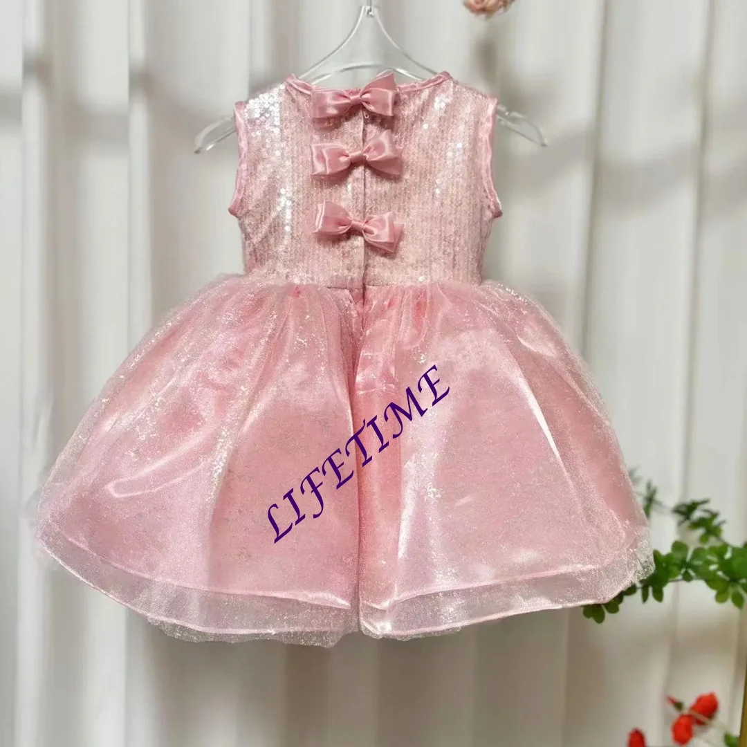 personalizzatoBellissimo abito da ragazza di fiore rosa con fiocco senza maniche per bambini, festa, matrimonio, sera, abito da ballo corto primavera estate