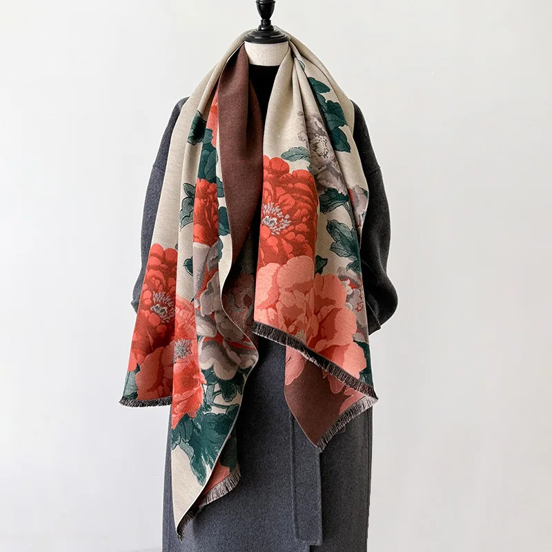 Fashion Peony Flower Print Shawl Women Imitation Cashmere Warm Scarf Autumn Winter Double Sided Ladies Pashmina Cape Cloak