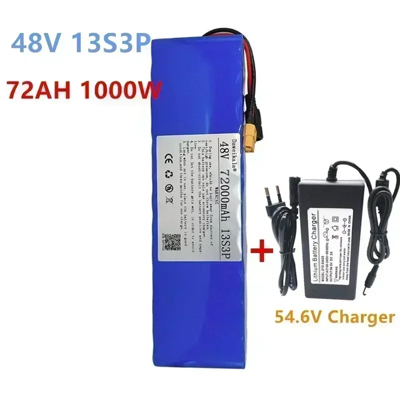 

48V 100Ah 1000W 13S3P XT60 48V lithium-ion battery pack 100000mAh, suitable for 54.6V electric scooters with BMS+charger