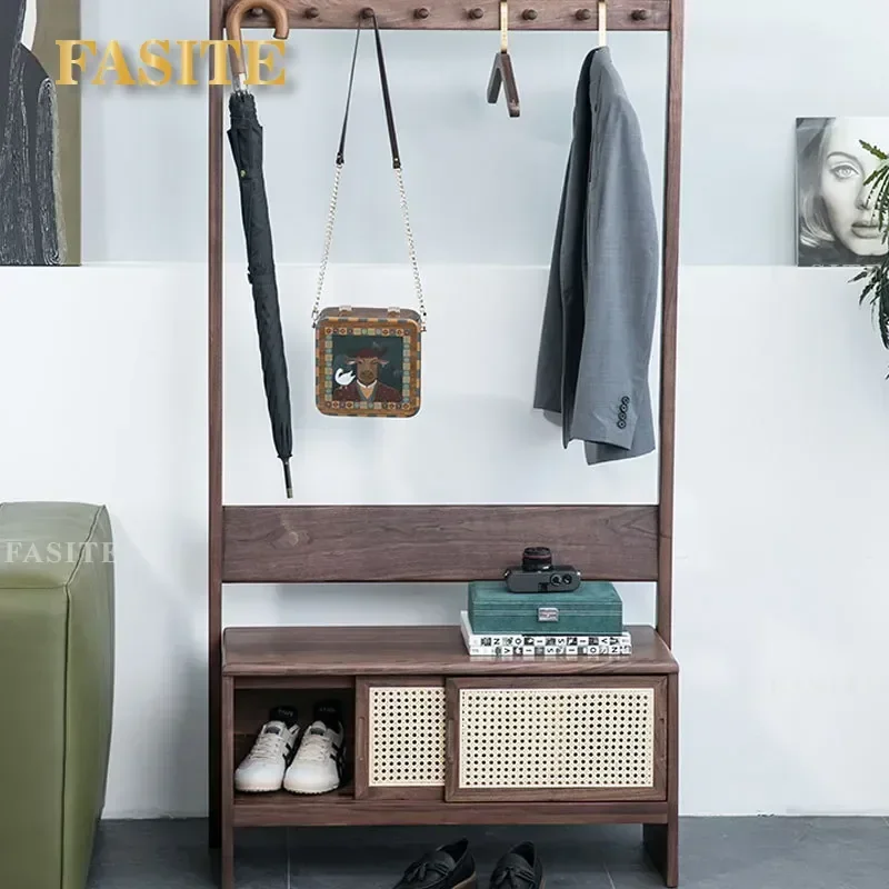 For Solid Wood North American Black Walnut Shoe Changing Stool Japanese Floor to Ceiling Coat Rack Entrance Cabinet Simple