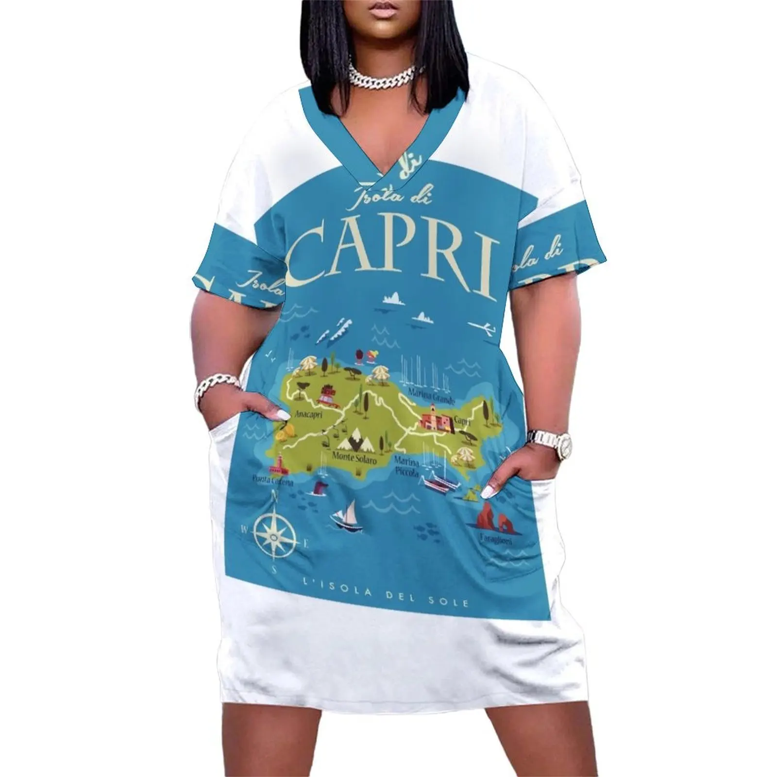 

Capri map poster Loose Pocket Dress long sleeve dress Female dress evening ladies