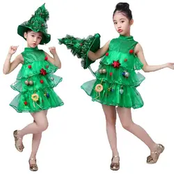 Christmas Elf Costume Sleeveless Knee Length Green Dress Girl Dress Up Green Christmas Tree Costume Send Hat Accessories 90-160