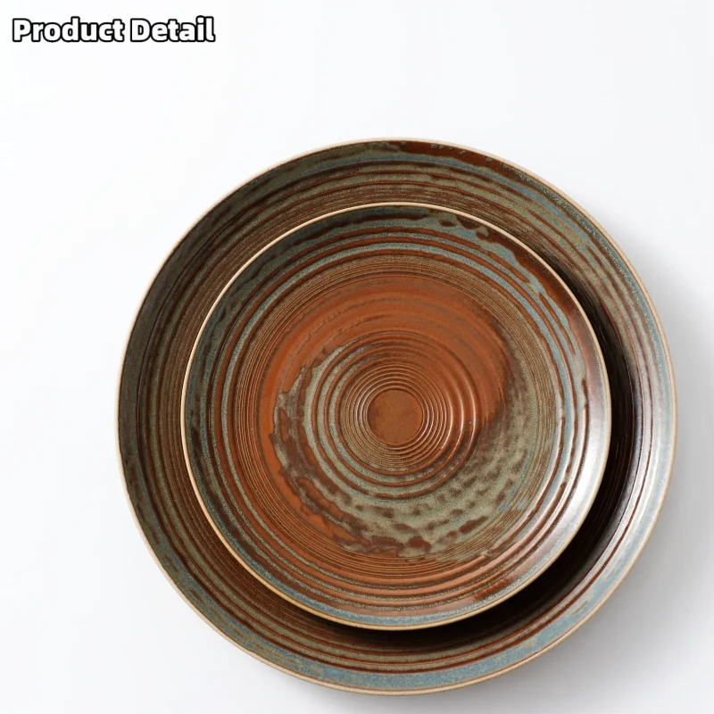 Ceramic Plate Art Creative Round Japanese Style Tableware Vintage Solid Color Carving Craft Dishes Household Kitchenware