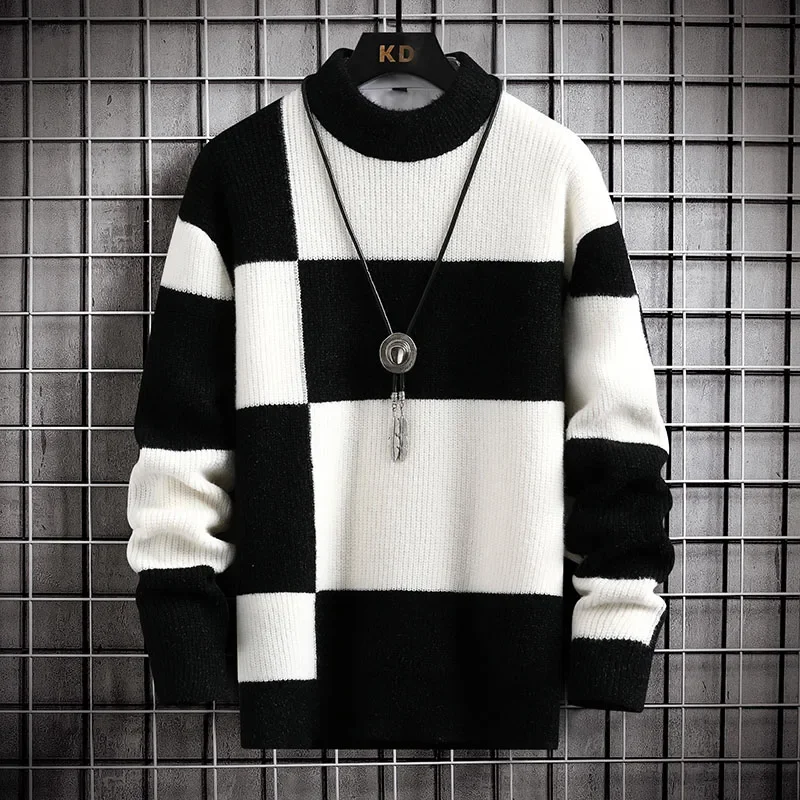 

Brand Clothing Warm Autumn Winter Sweaters Men Casual Patchwork Color Knitted Pullovers Male Plaid Round Neck Sweater Man 4XL-M