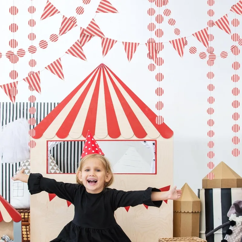 Banderín a rayas rojas y blancas, pancartas de carnaval, guirnaldas circulares de papel, banderines de circo, banderas triangulares colgantes, decoración de fiesta de cumpleaños para niños