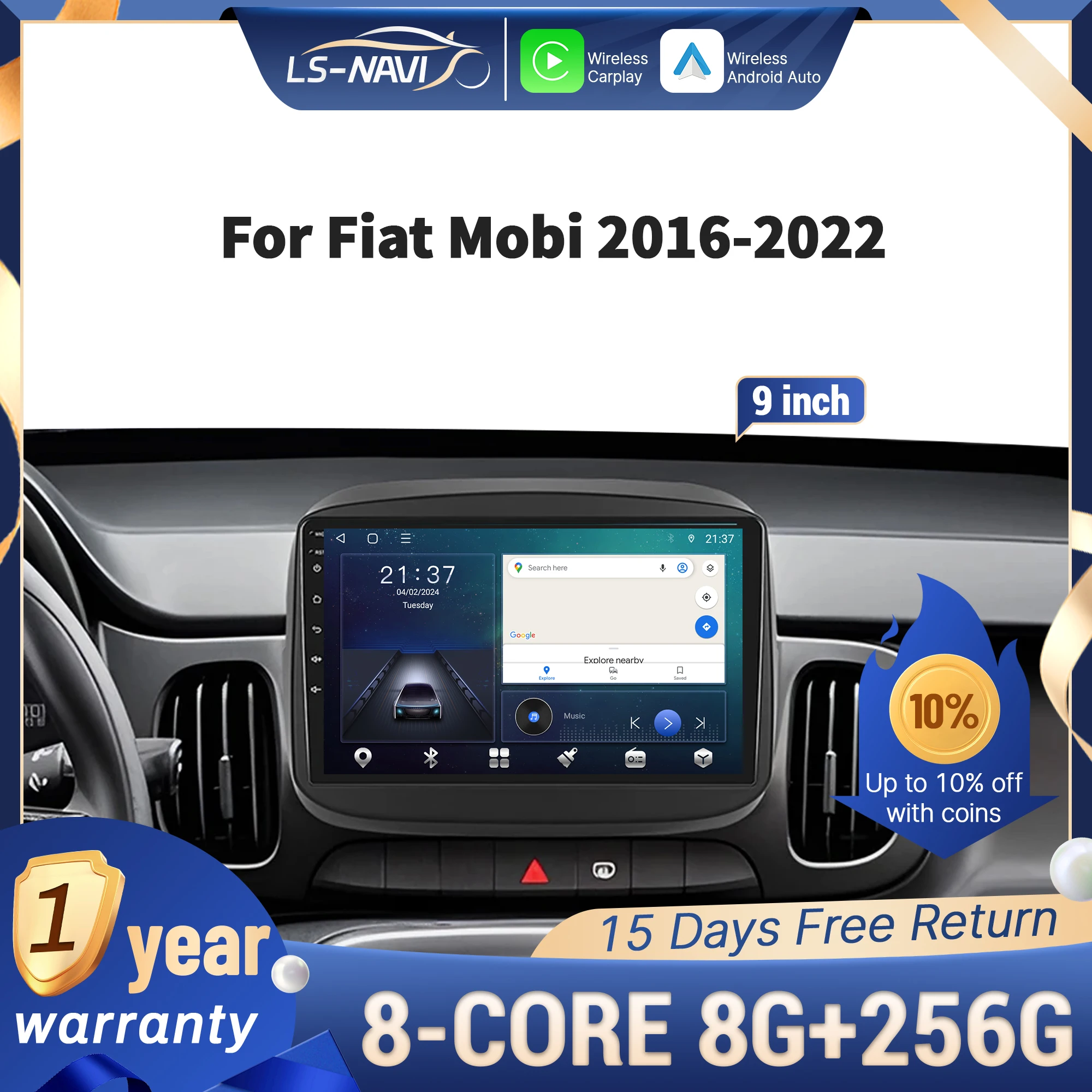 

For Fiat Mobi 2016-2022 Car Radio Multimedia Navigation GPS Wireless CarPlay 4G Touch Head Unit Stereo Screen