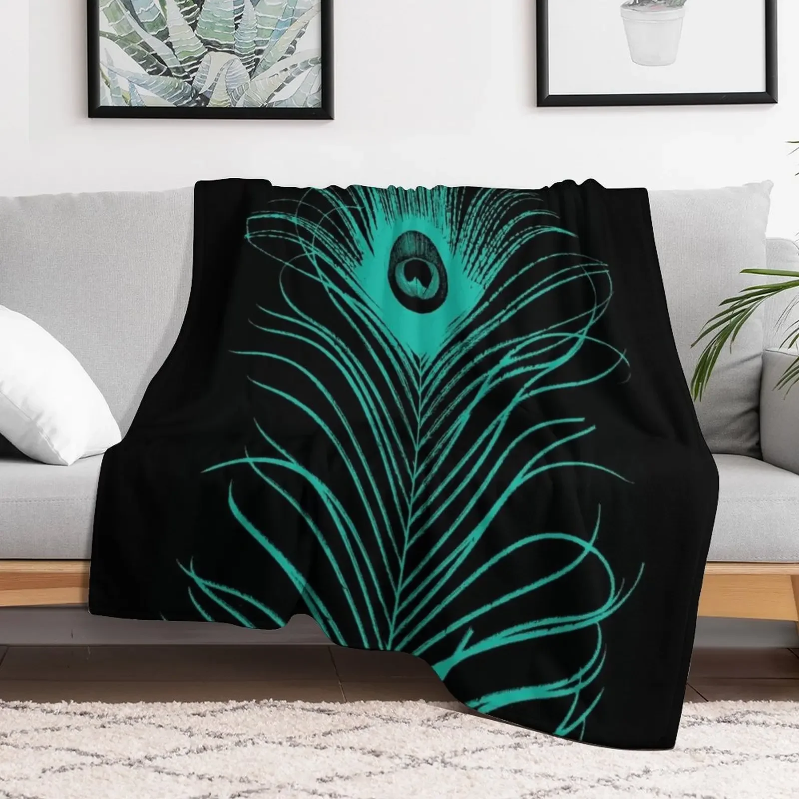 Peacock feather in black and turqoise Throw Blanket Beautifuls Multi-Purpose Summer Hair Blankets