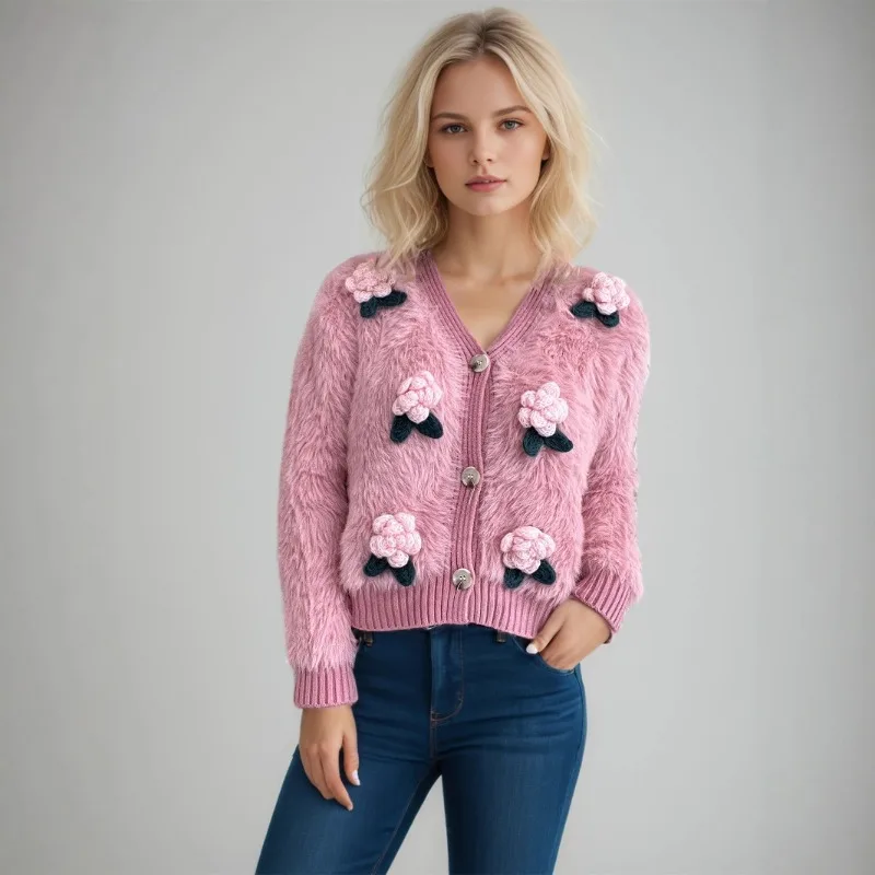 White V-neck Knitted Jacket 3d Flower Decoration Faux Mink Sweater Coat Single Breasted Casual Sweet Short Outerwears Warm Fancy